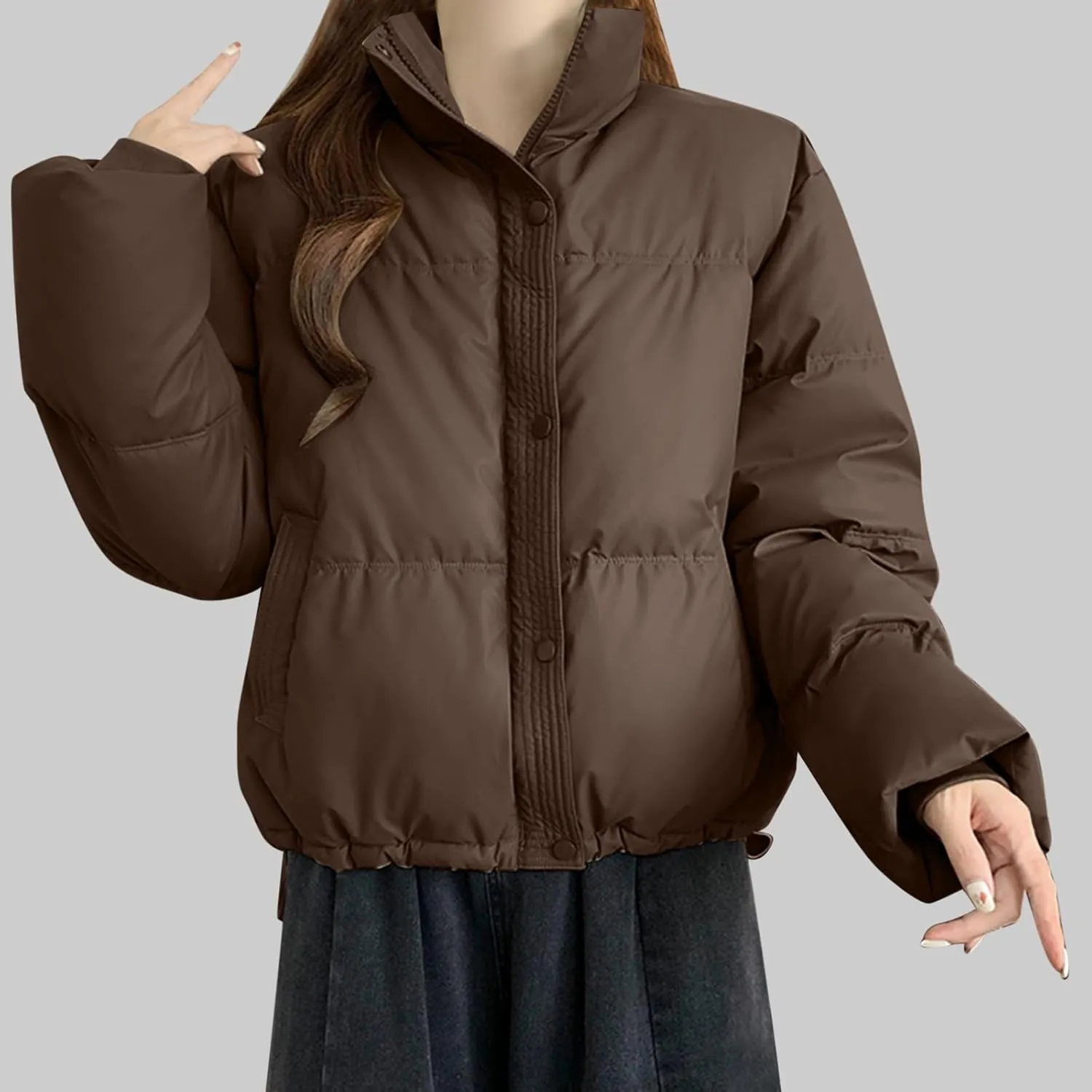 Women Cropped Puffer Jackets Lightweight Warm Winter Down Coat Short Zipped Quilted Puffy Jacket Outwear with Pockets