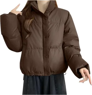 Women Cropped Puffer Jackets Lightweight Warm Winter Down Coat Short Zipped Quilted Puffy Jacket Outwear with Pockets