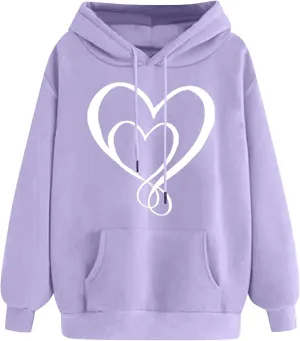 Women Heart Print Hoodie Classic Solid Graphic Oversized Pullover Valentines Day Long Sleeve Sweatshirt with Pocket