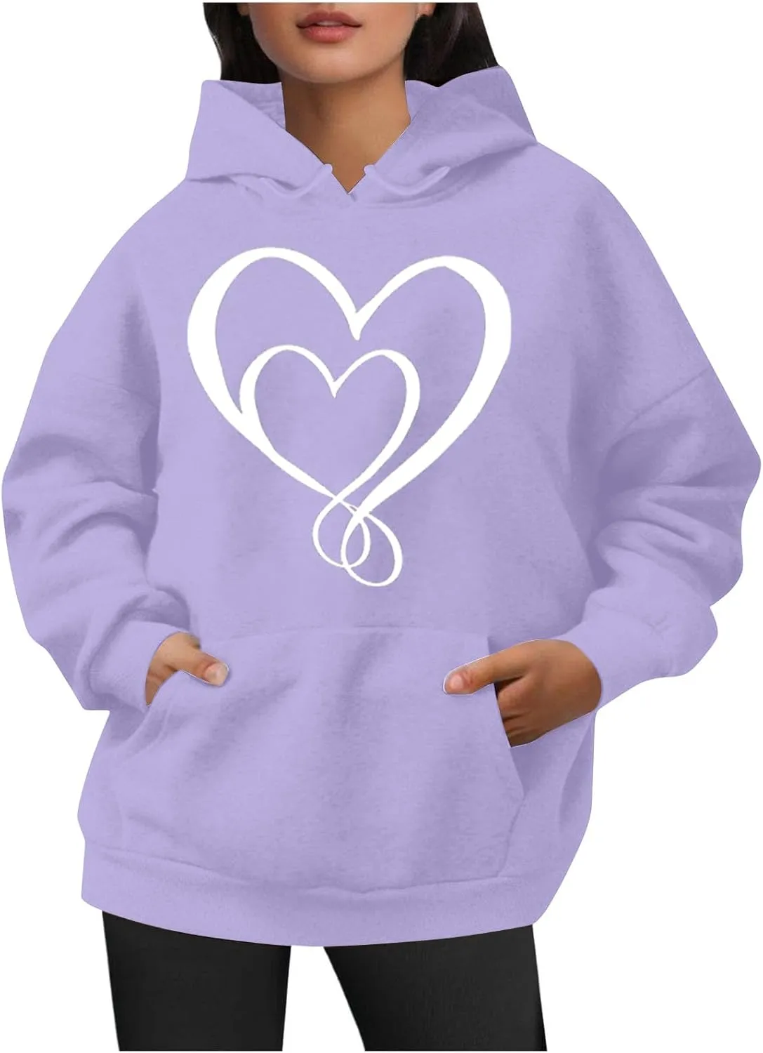 Women Heart Print Hoodie Classic Solid Graphic Oversized Pullover Valentines Day Long Sleeve Sweatshirt with Pocket