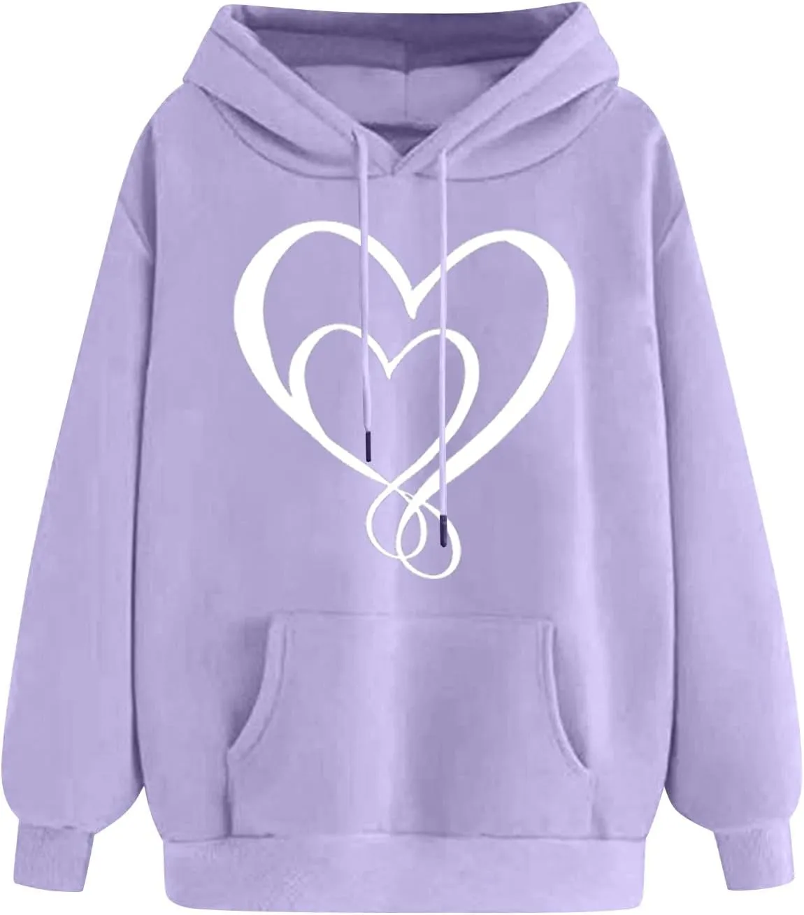 Women Heart Print Hoodie Classic Solid Graphic Oversized Pullover Valentines Day Long Sleeve Sweatshirt with Pocket