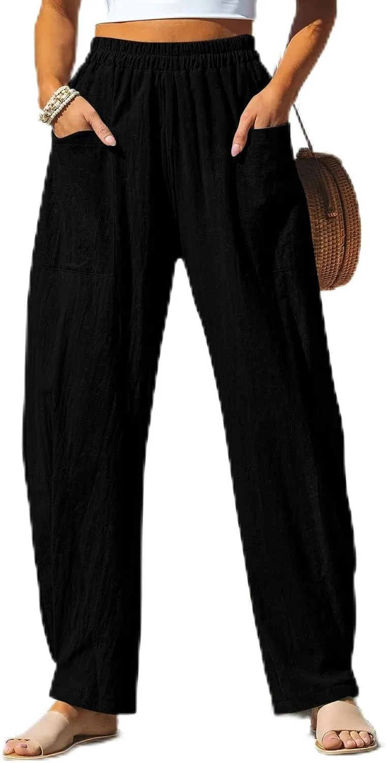 Women Linen Palazzo Pants Summer Boho Wide Leg High Waist Drawstring Casual High Waist Lounge Pant Trousers Pockets