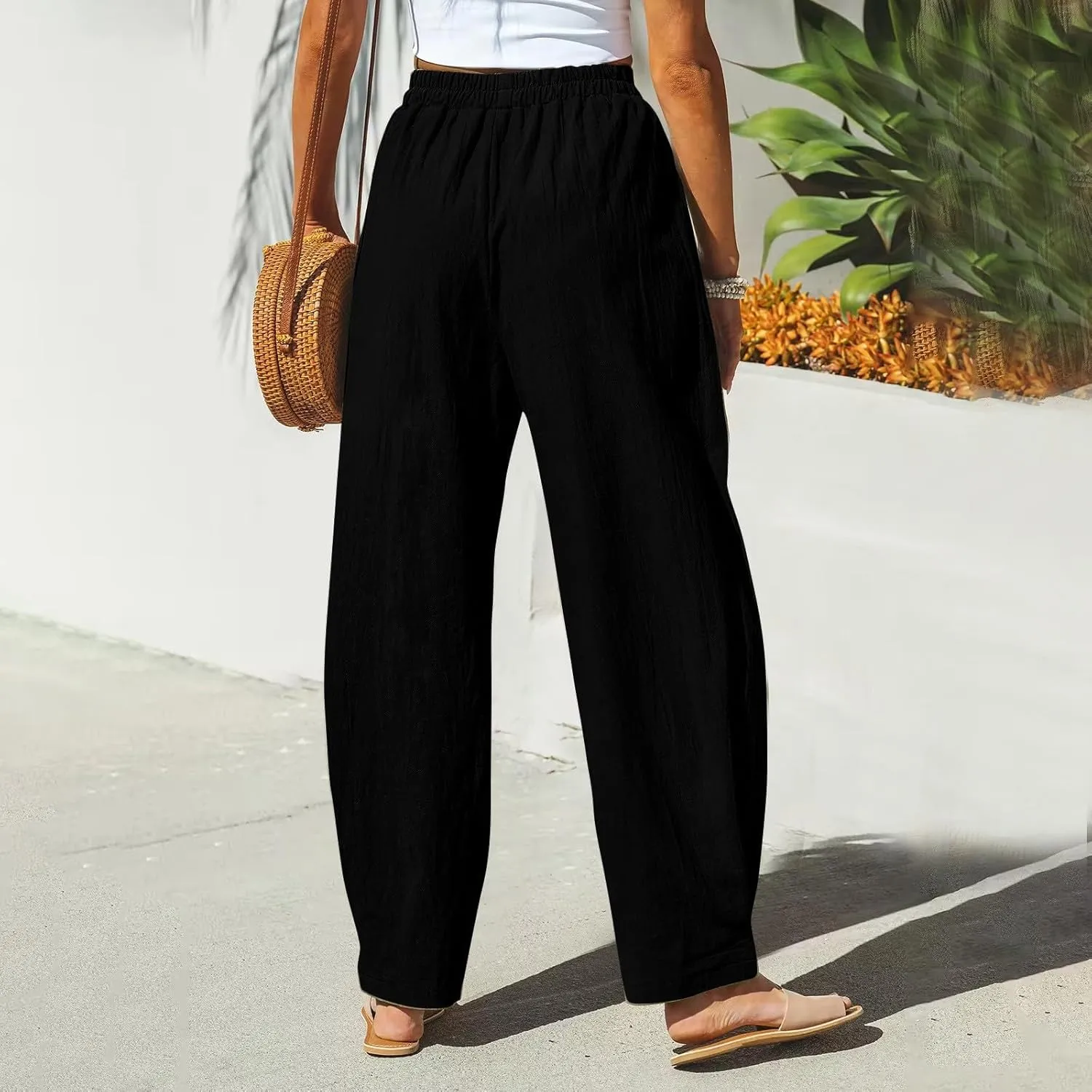 Women Linen Palazzo Pants Summer Boho Wide Leg High Waist Drawstring Casual High Waist Lounge Pant Trousers Pockets