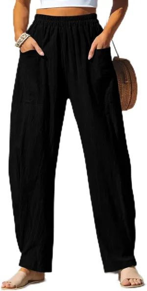 Women Linen Palazzo Pants Summer Boho Wide Leg High Waist Drawstring Casual High Waist Lounge Pant Trousers Pockets