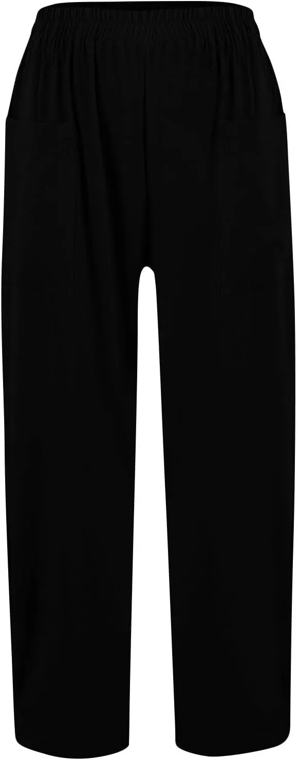 Women Linen Palazzo Pants Summer Boho Wide Leg High Waist Drawstring Casual High Waist Lounge Pant Trousers Pockets