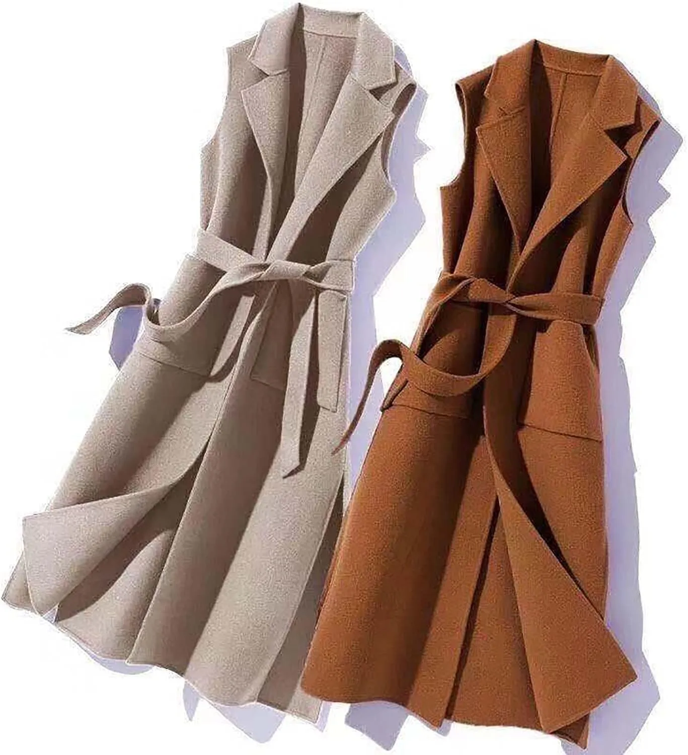 Women Notch Lapel Long Vest Cardigan Sleeveless Wool Blend Trench Coat Tie Waist Mid Length Pea Overcoat Outerwear