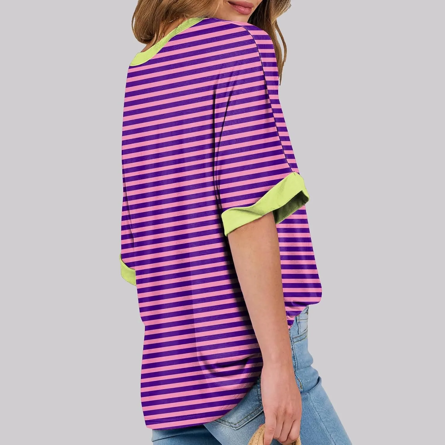 Women Oversized Striped Short Sleeve T-Shirts Color Block Crew Neck Pullover Basic Shirt Casual Summer Tee Tops