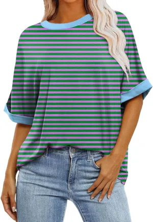 Women Oversized Striped Short Sleeve T-Shirts Color Block Crew Neck Pullover Basic Shirt Casual Summer Tee Tops