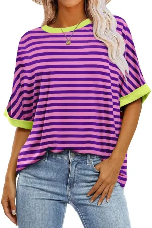 Women Oversized Striped Short Sleeve T-Shirts Color Block Crew Neck Pullover Basic Shirt Casual Summer Tee Tops