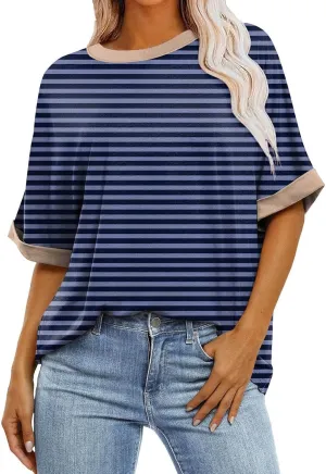 Women Oversized Striped Short Sleeve T-Shirts Color Block Crew Neck Pullover Basic Shirt Casual Summer Tee Tops