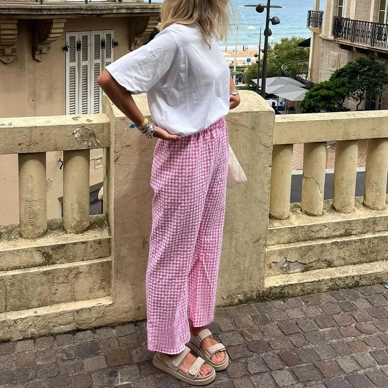 Women Plaid Straight Leg Trousers High Waist Long Pants