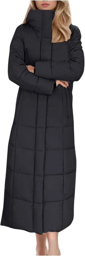 Women Quilted Long Puffer Jacket Winter Heavyweight Warm Down Coats Casual Long Sleeve Hooded Padded Outwear