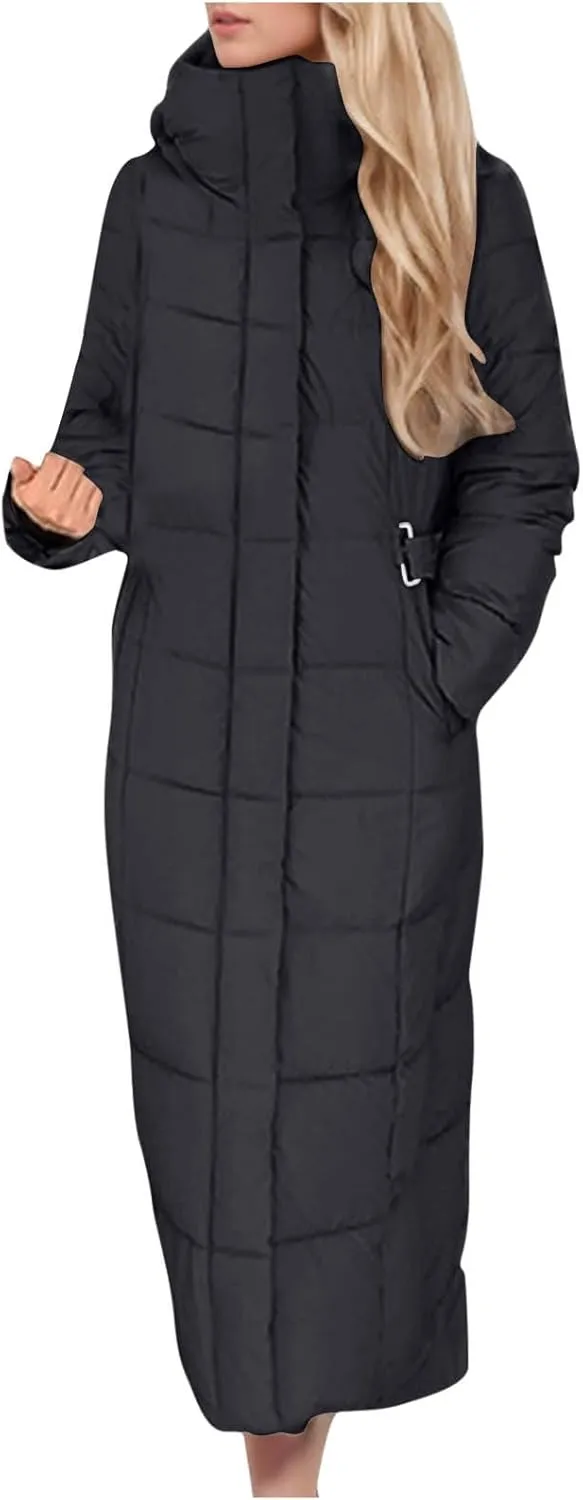 Women Quilted Long Puffer Jacket Winter Heavyweight Warm Down Coats Casual Long Sleeve Hooded Padded Outwear