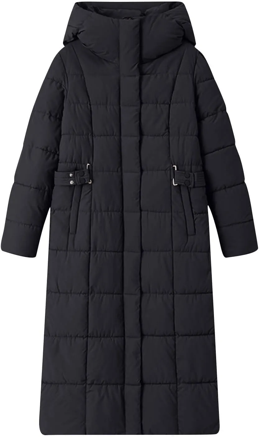 Women Quilted Long Puffer Jacket Winter Heavyweight Warm Down Coats Casual Long Sleeve Hooded Padded Outwear