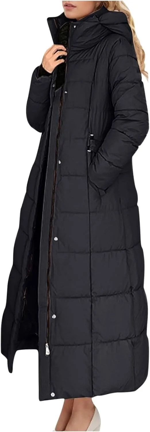 Women Quilted Long Puffer Jacket Winter Heavyweight Warm Down Coats Casual Long Sleeve Hooded Padded Outwear