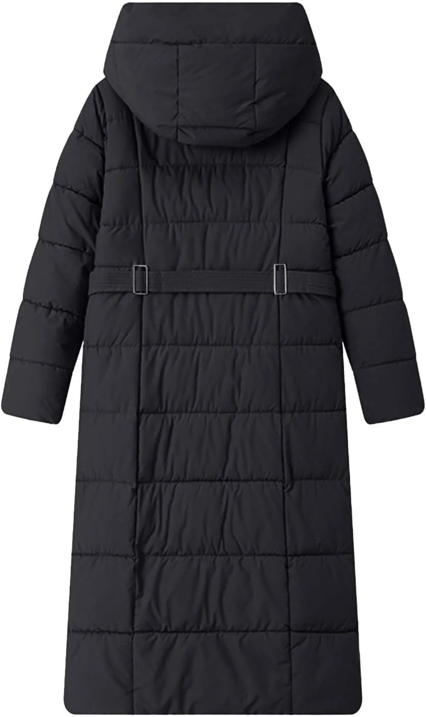 Women Quilted Long Puffer Jacket Winter Heavyweight Warm Down Coats Casual Long Sleeve Hooded Padded Outwear