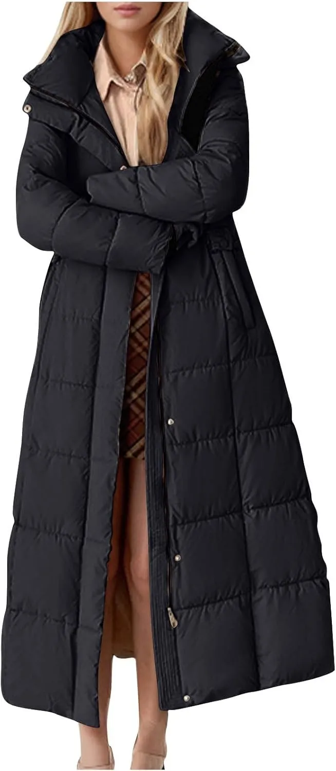 Women Quilted Long Puffer Jacket Winter Heavyweight Warm Down Coats Casual Long Sleeve Hooded Padded Outwear