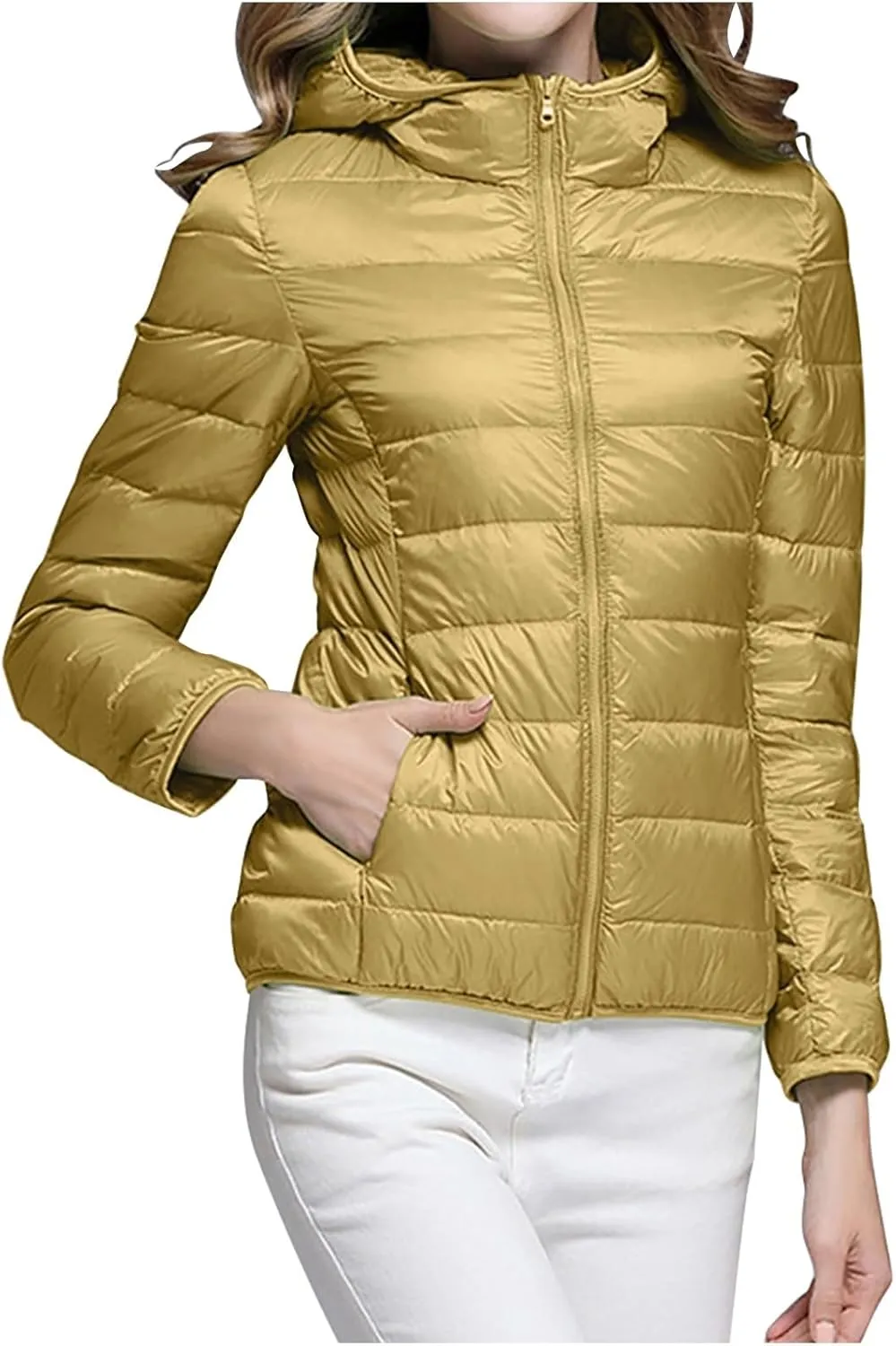 Women Winter Jackets Plus Size Packable Quilted Puffer Parka Coat Full Zip Hooded Down Jacket Outerwear with Hood
