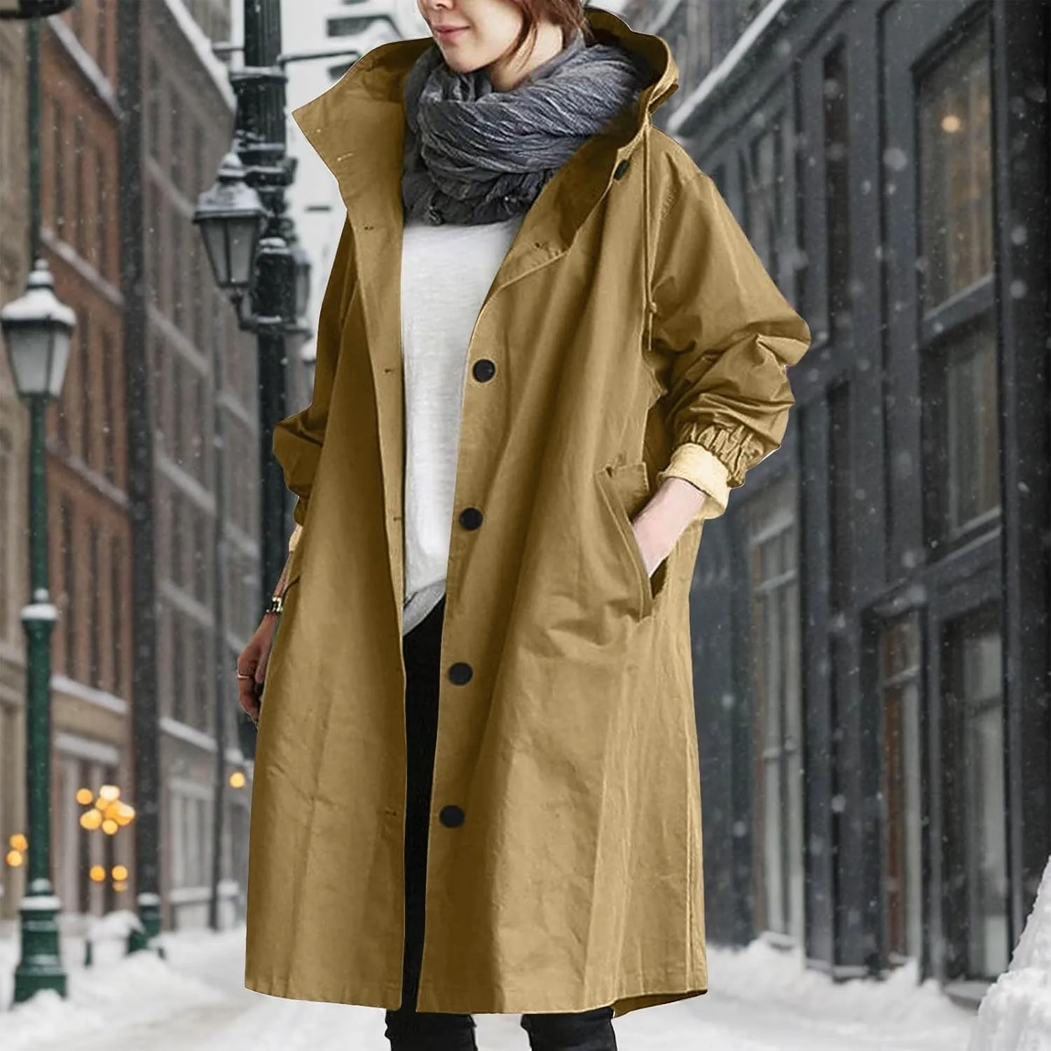 Women Winter Wool Blend Camel Mid-Long Coat Notch Double-Breasted Lapel Jacket Outwear