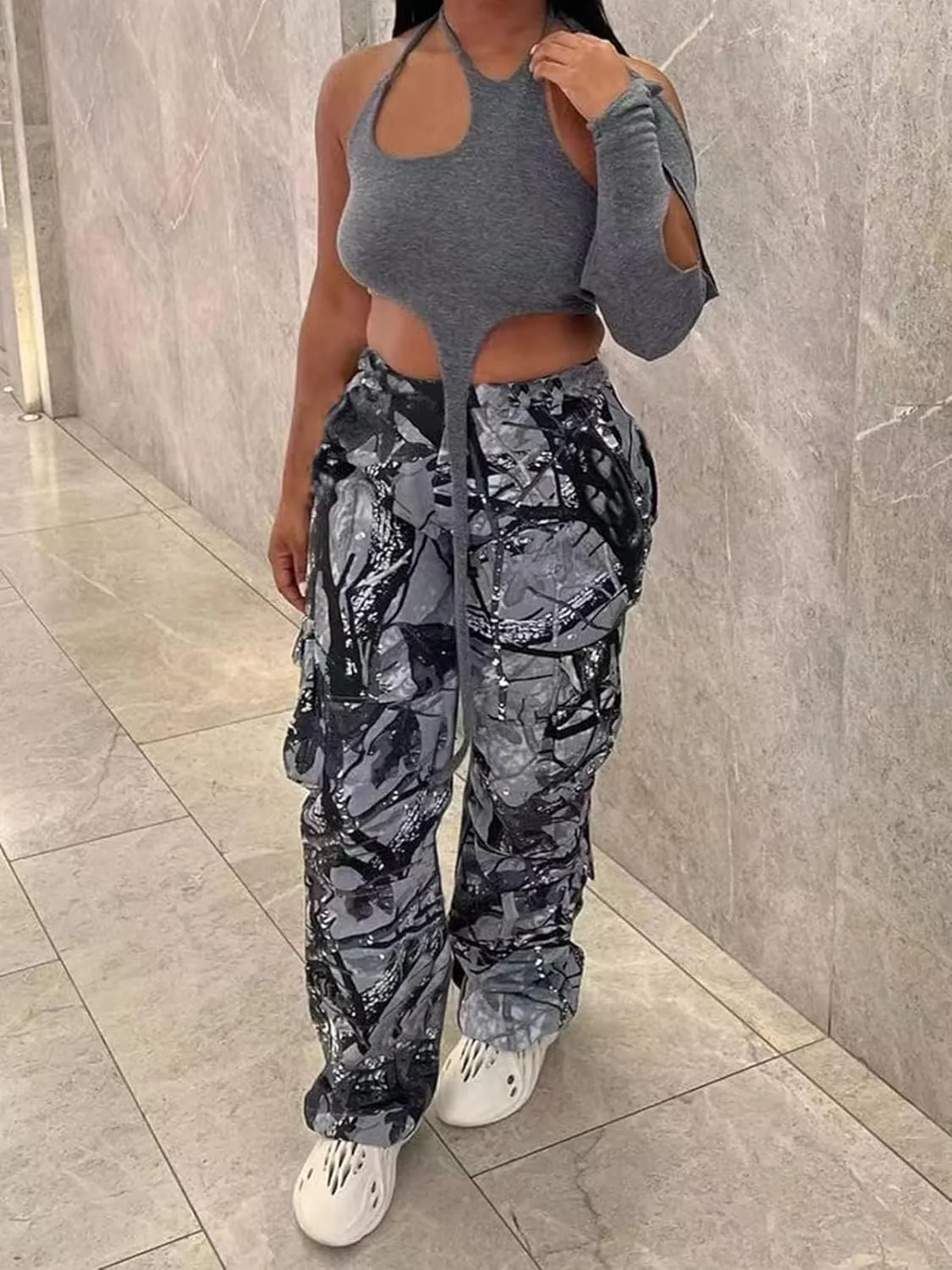 Women's Camo Cargo Pants High Waist Camouflage Jogger Pants Sweatpants Army Cargo Pants