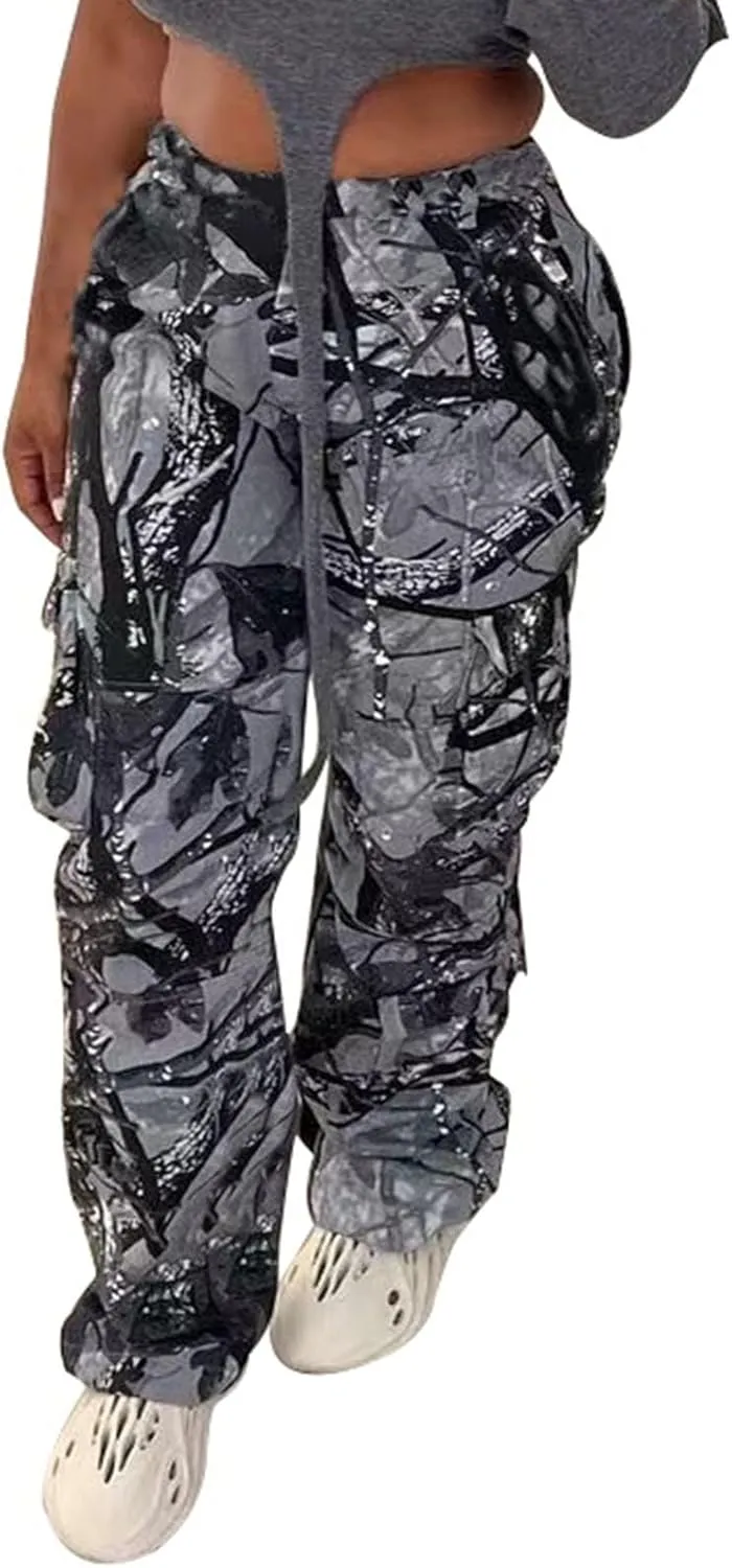 Women's Camo Cargo Pants High Waist Camouflage Jogger Pants Sweatpants Army Cargo Pants