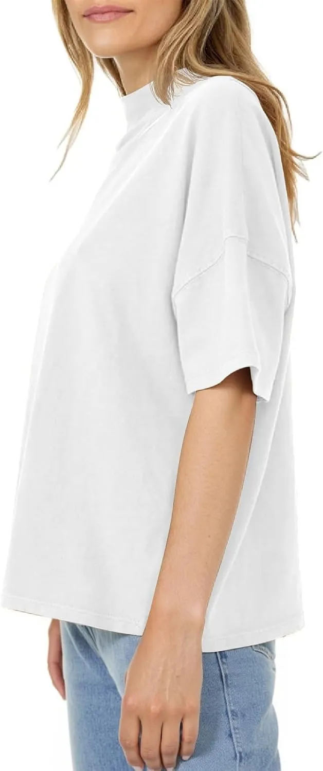 Womens Casual Short Sleeve Mock Neck T Shirts Summer Loose Fit Basic Plain Tee Tops