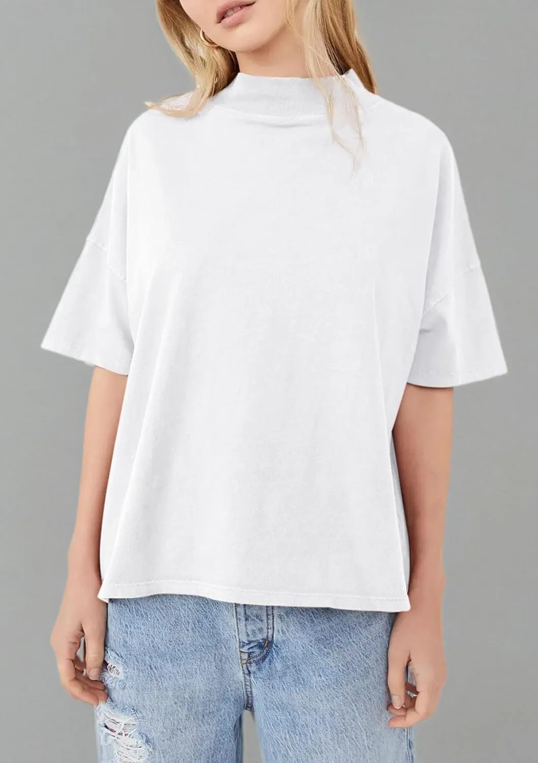 Womens Casual Short Sleeve Mock Neck T Shirts Summer Loose Fit Basic Plain Tee Tops