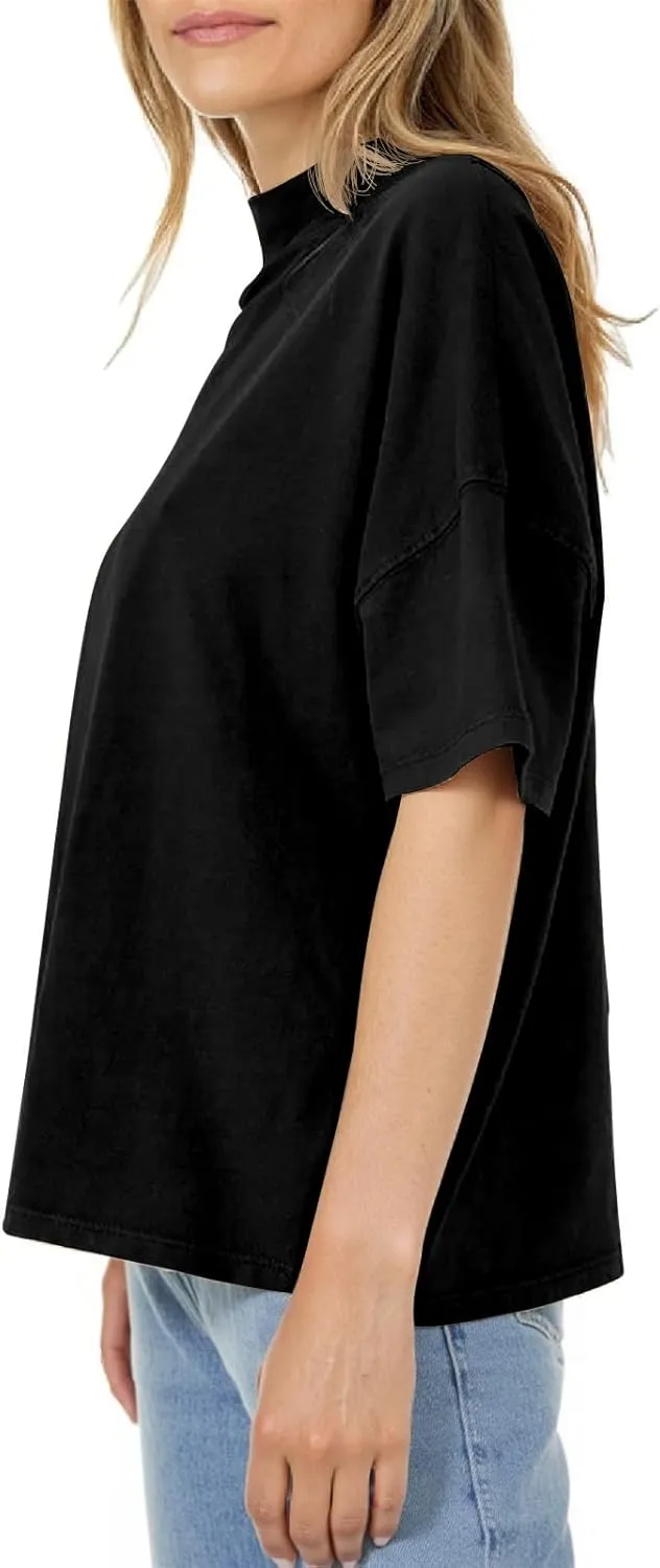 Womens Casual Short Sleeve Mock Neck T Shirts Summer Loose Fit Basic Plain Tee Tops