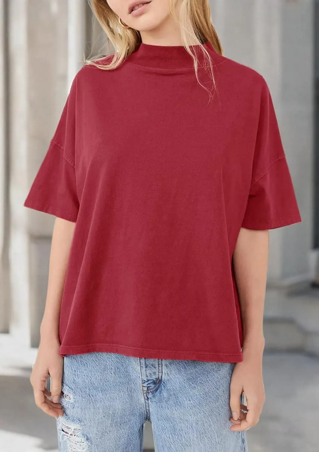 Womens Casual Short Sleeve Mock Neck T Shirts Summer Loose Fit Basic Plain Tee Tops
