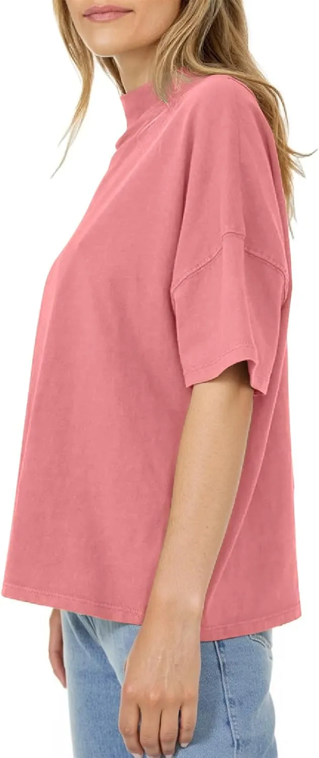 Womens Casual Short Sleeve Mock Neck T Shirts Summer Loose Fit Basic Plain Tee Tops