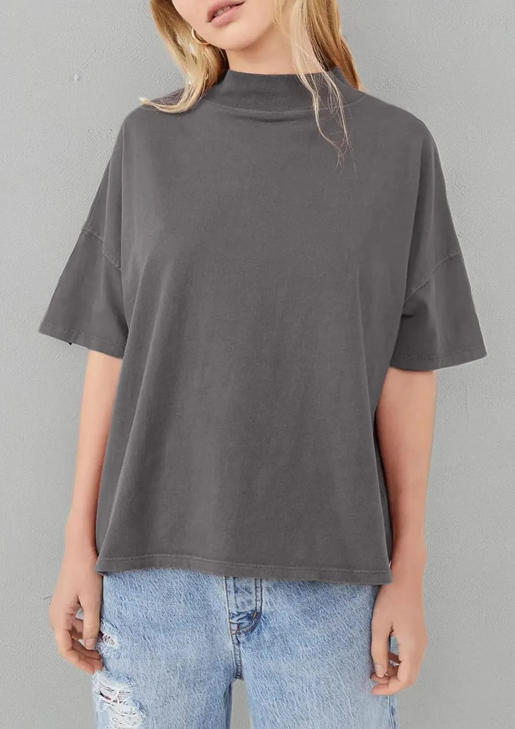 Womens Casual Short Sleeve Mock Neck T Shirts Summer Loose Fit Basic Plain Tee Tops