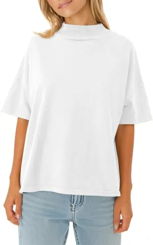 Womens Casual Short Sleeve Mock Neck T Shirts Summer Loose Fit Basic Plain Tee Tops