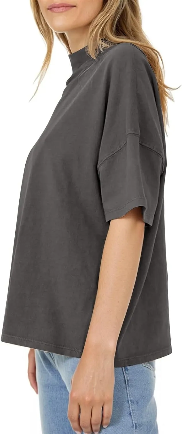 Womens Casual Short Sleeve Mock Neck T Shirts Summer Loose Fit Basic Plain Tee Tops