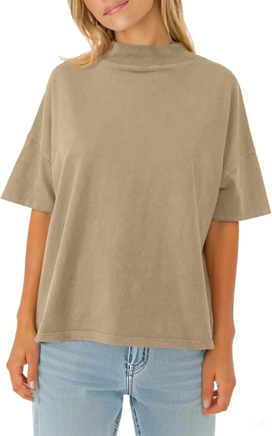 Womens Casual Short Sleeve Mock Neck T Shirts Summer Loose Fit Basic Plain Tee Tops