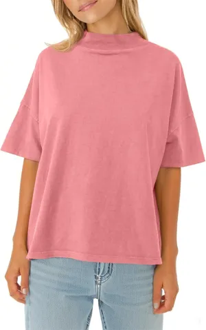 Womens Casual Short Sleeve Mock Neck T Shirts Summer Loose Fit Basic Plain Tee Tops
