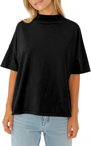 Womens Casual Short Sleeve Mock Neck T Shirts Summer Loose Fit Basic Plain Tee Tops