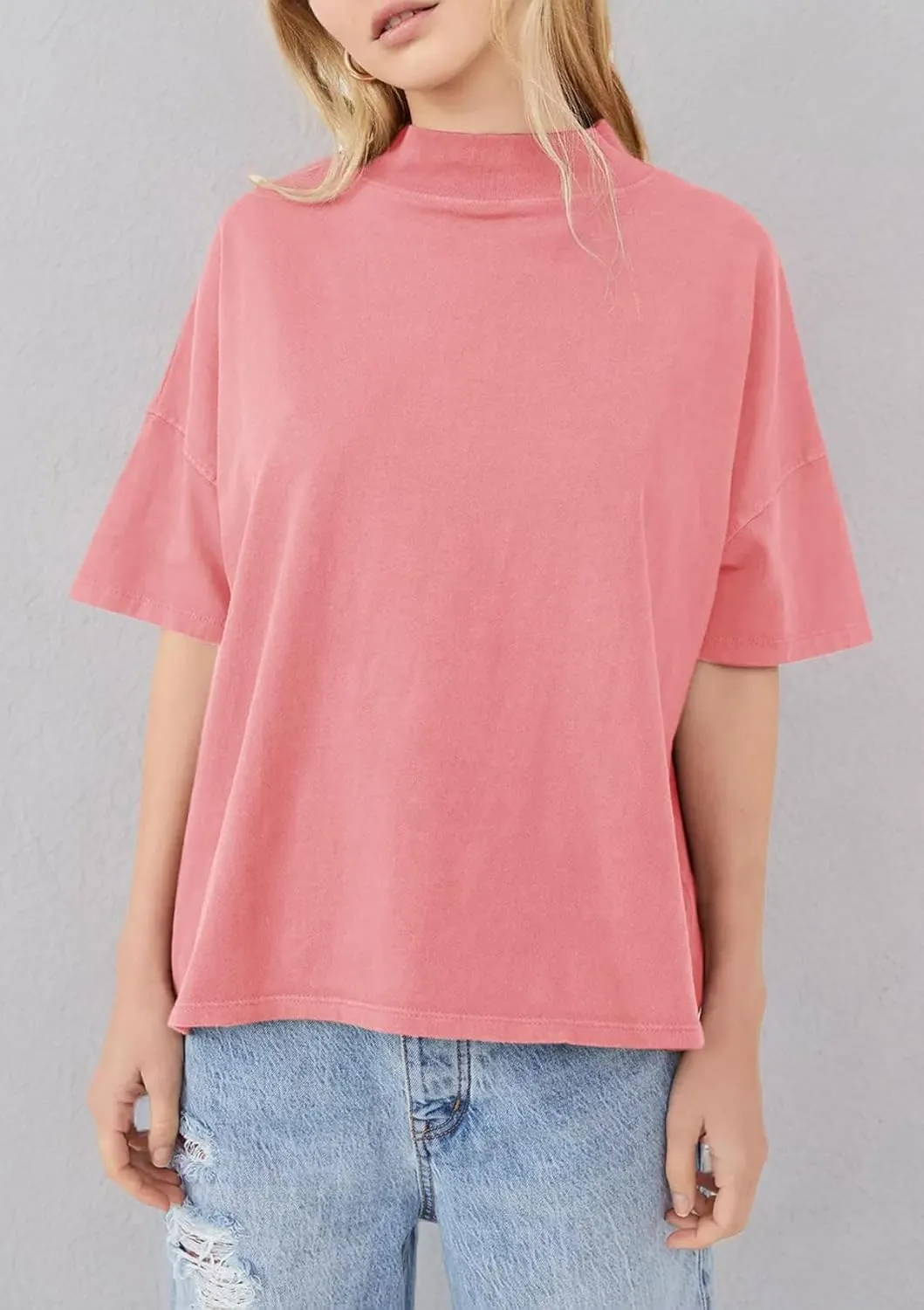 Womens Casual Short Sleeve Mock Neck T Shirts Summer Loose Fit Basic Plain Tee Tops