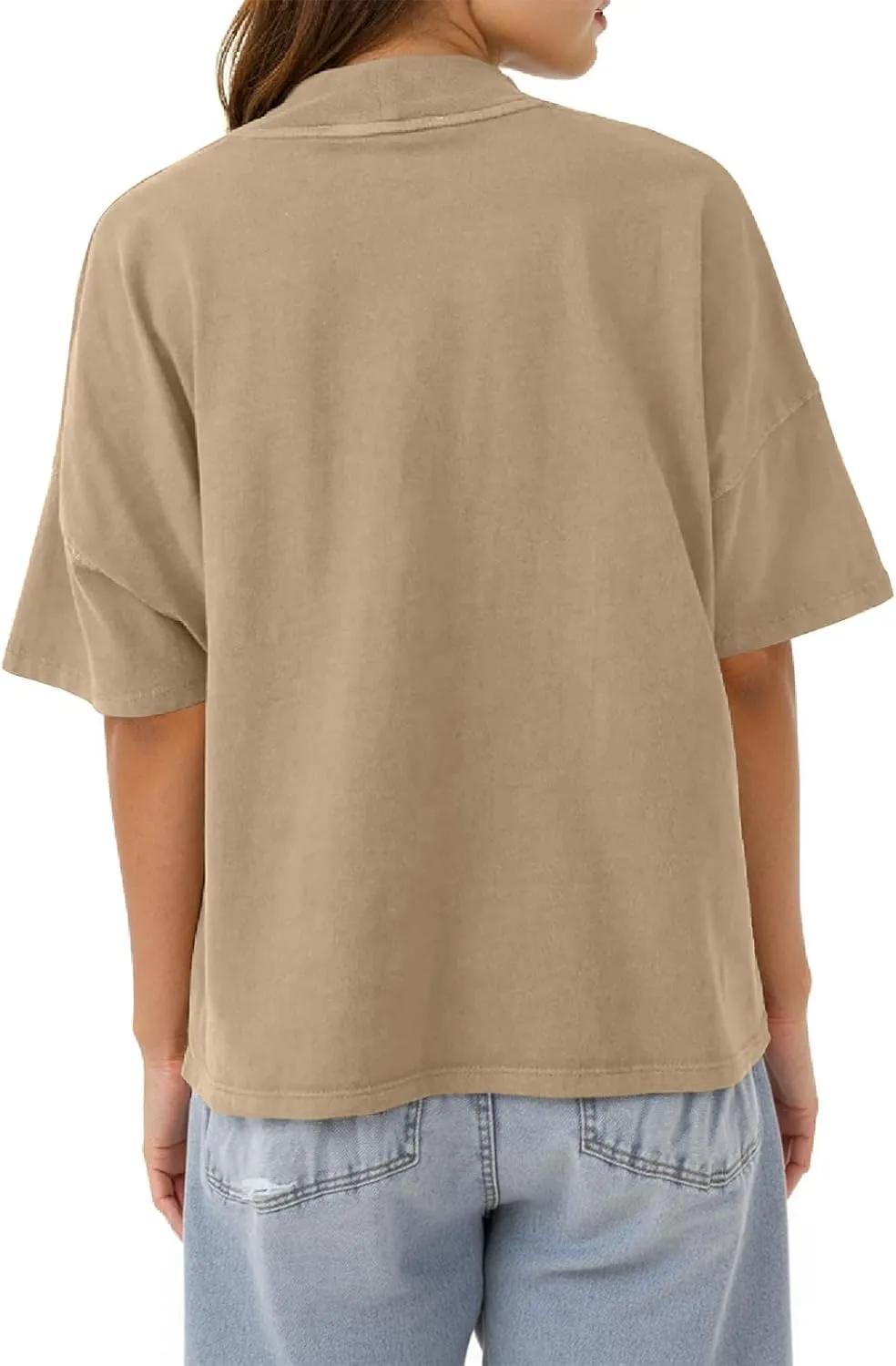 Womens Casual Short Sleeve Mock Neck T Shirts Summer Loose Fit Basic Plain Tee Tops