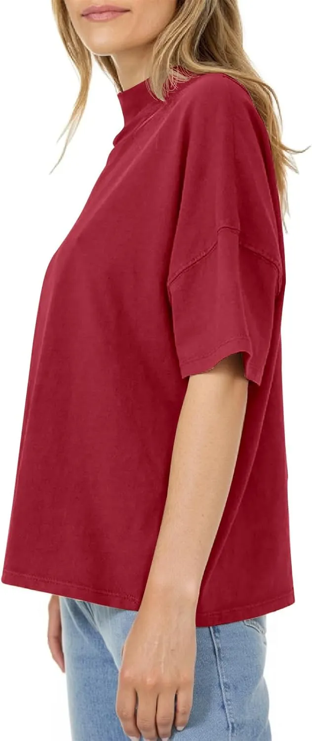 Womens Casual Short Sleeve Mock Neck T Shirts Summer Loose Fit Basic Plain Tee Tops