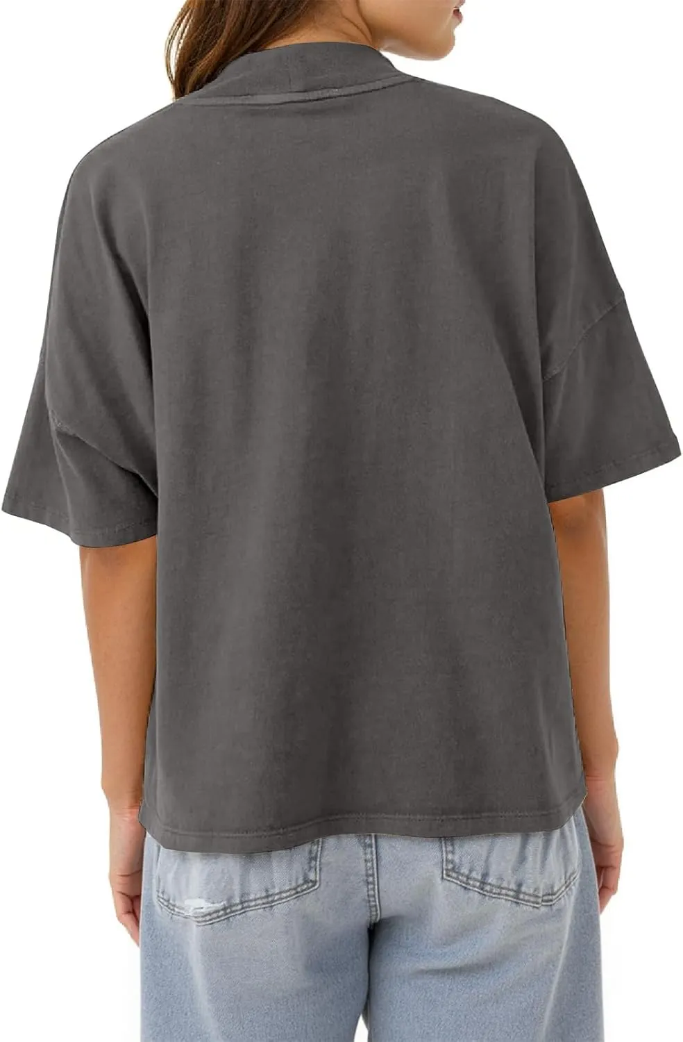 Womens Casual Short Sleeve Mock Neck T Shirts Summer Loose Fit Basic Plain Tee Tops