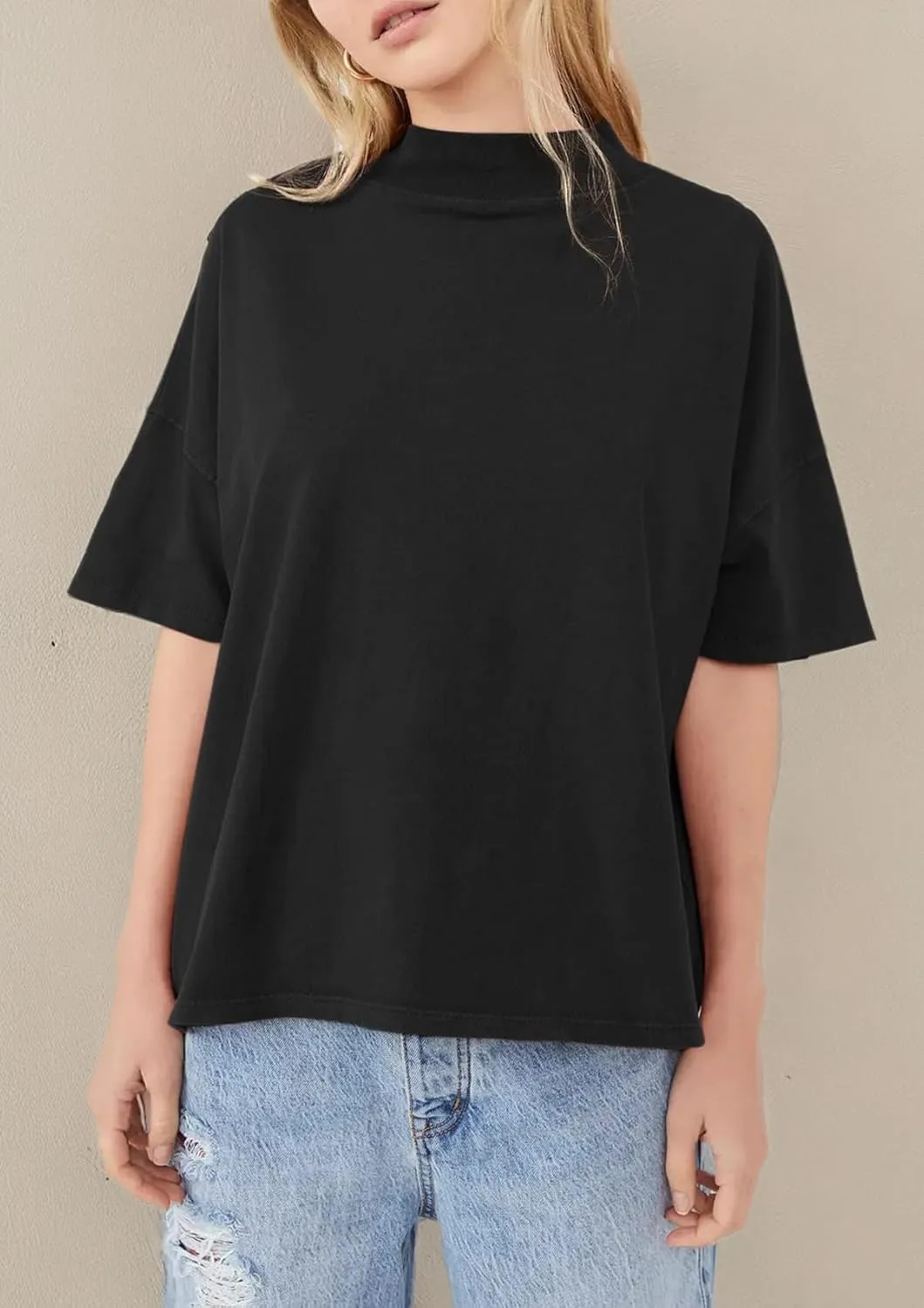 Womens Casual Short Sleeve Mock Neck T Shirts Summer Loose Fit Basic Plain Tee Tops
