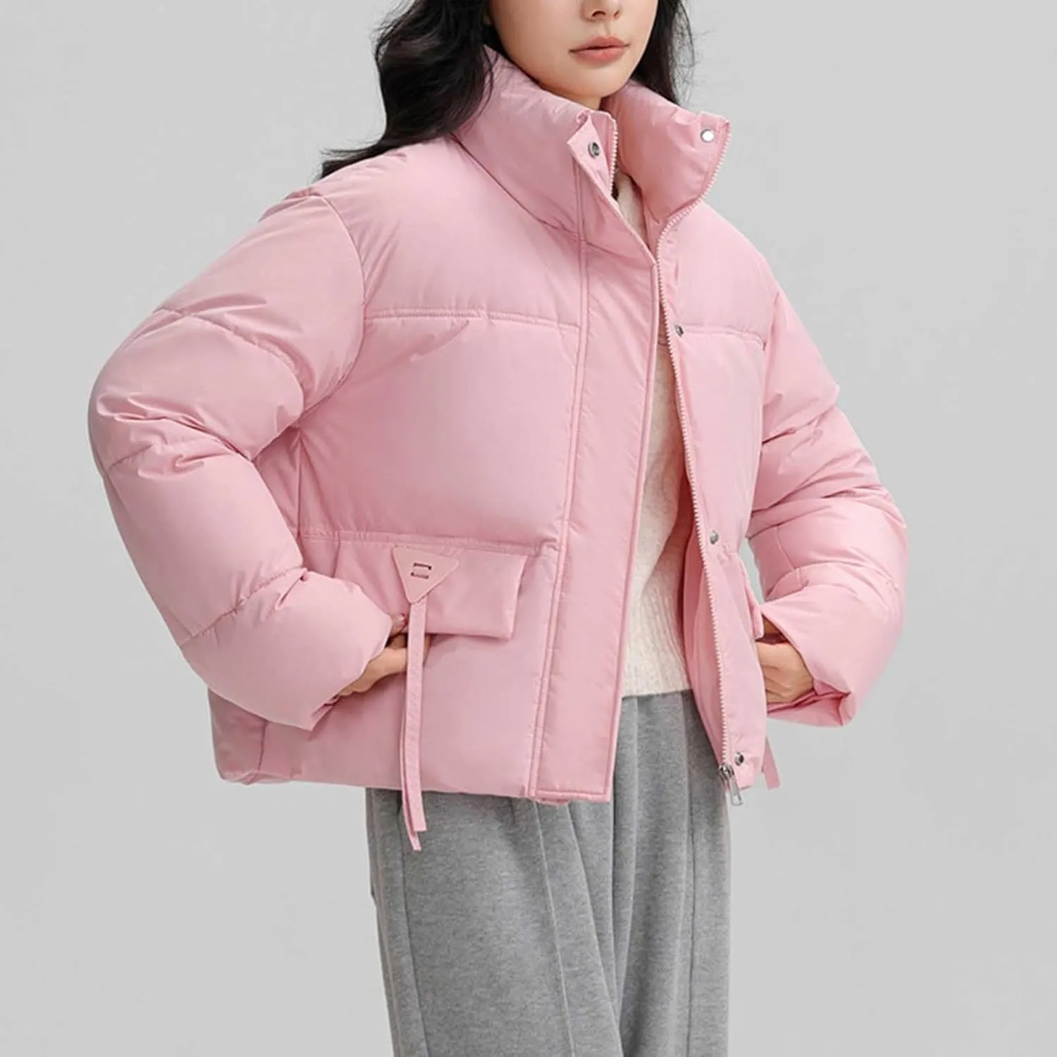 Women's Cropped Quilted Puffer Jackets Casual Baggy Long Sleeve Zipper Down Coat Winter Short Puffy Jacket Outwear