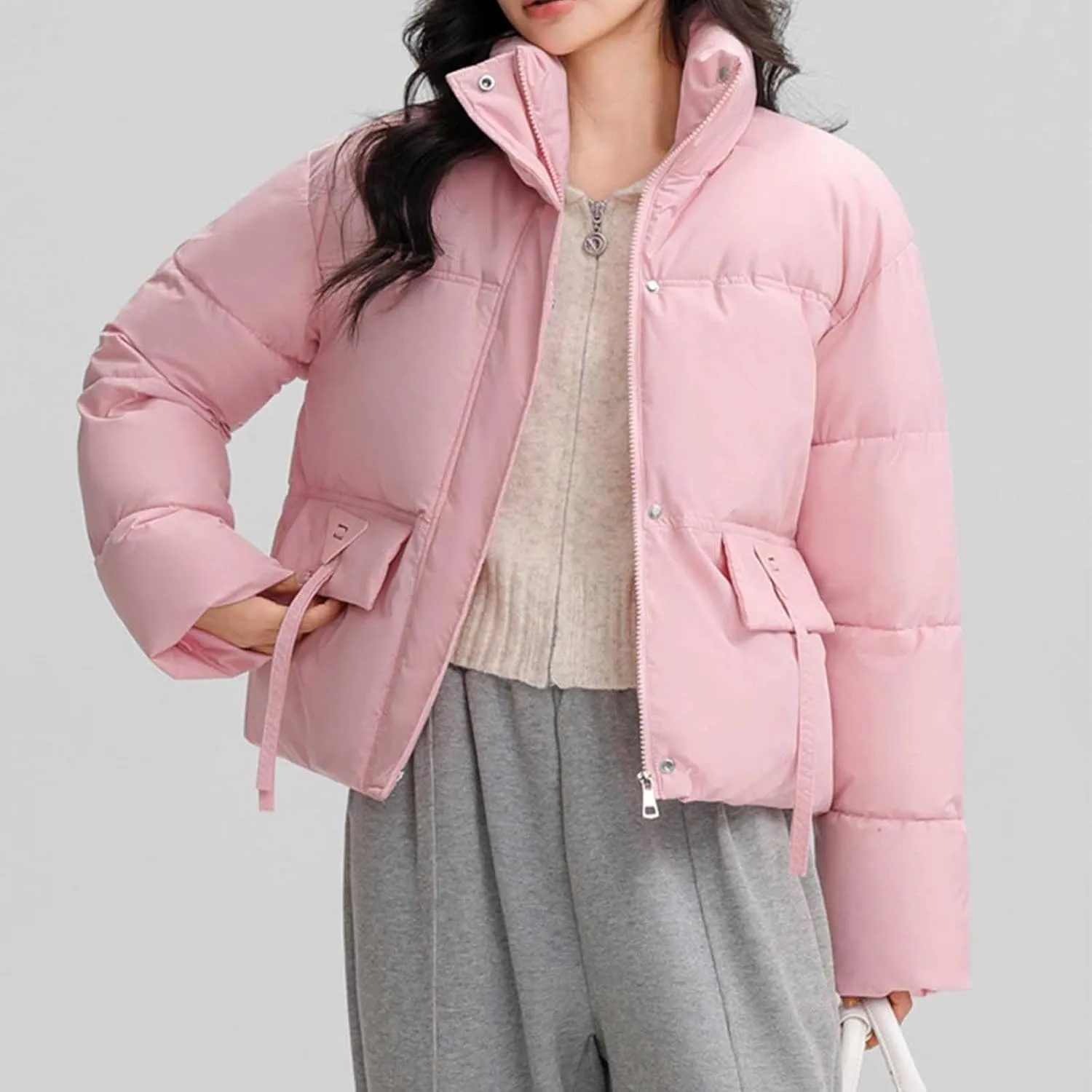Women's Cropped Quilted Puffer Jackets Casual Baggy Long Sleeve Zipper Down Coat Winter Short Puffy Jacket Outwear