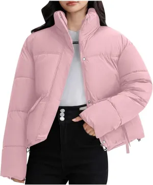 Women's Cropped Quilted Puffer Jackets Casual Baggy Long Sleeve Zipper Down Coat Winter Short Puffy Jacket Outwear