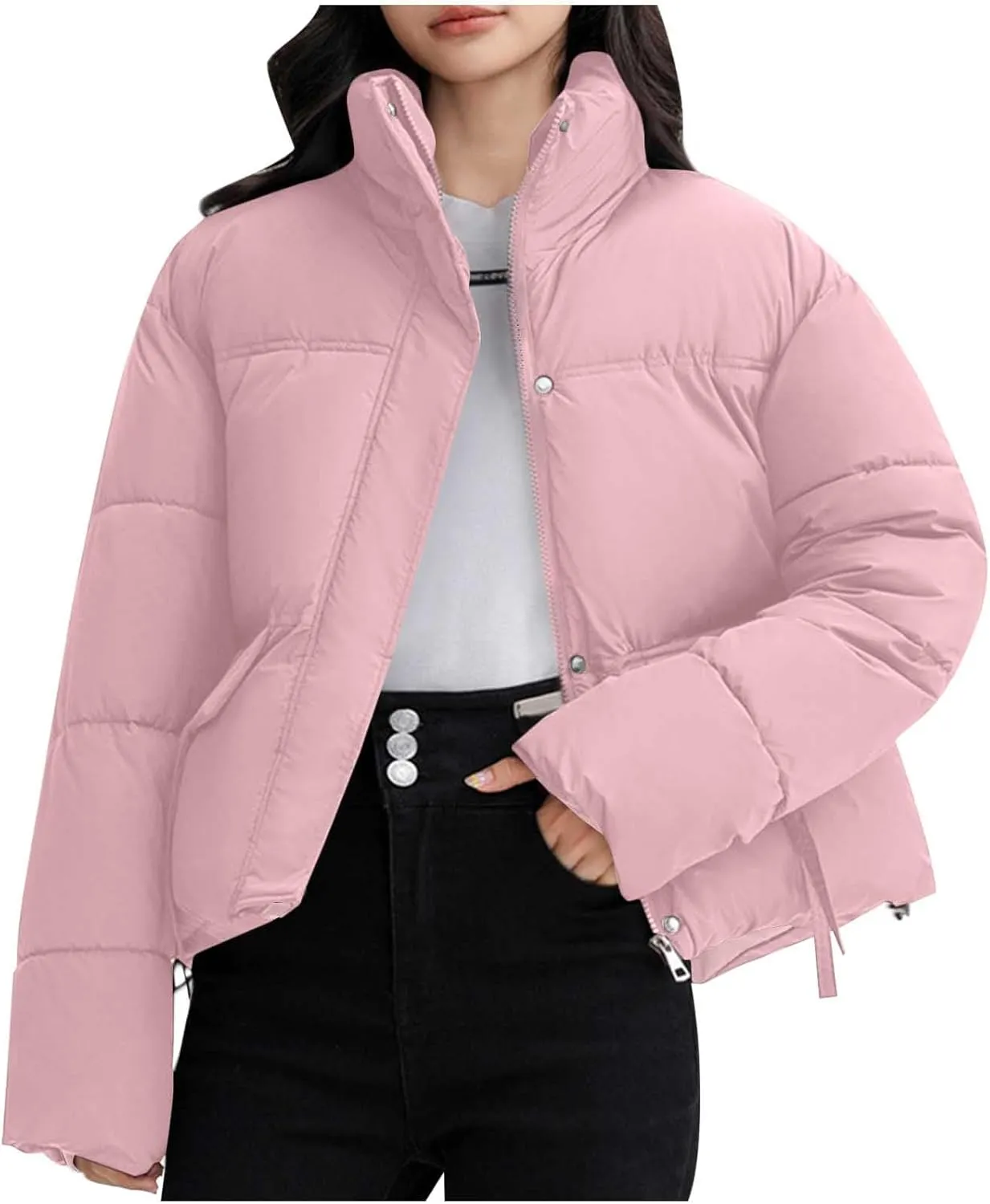 Women's Cropped Quilted Puffer Jackets Casual Baggy Long Sleeve Zipper Down Coat Winter Short Puffy Jacket Outwear