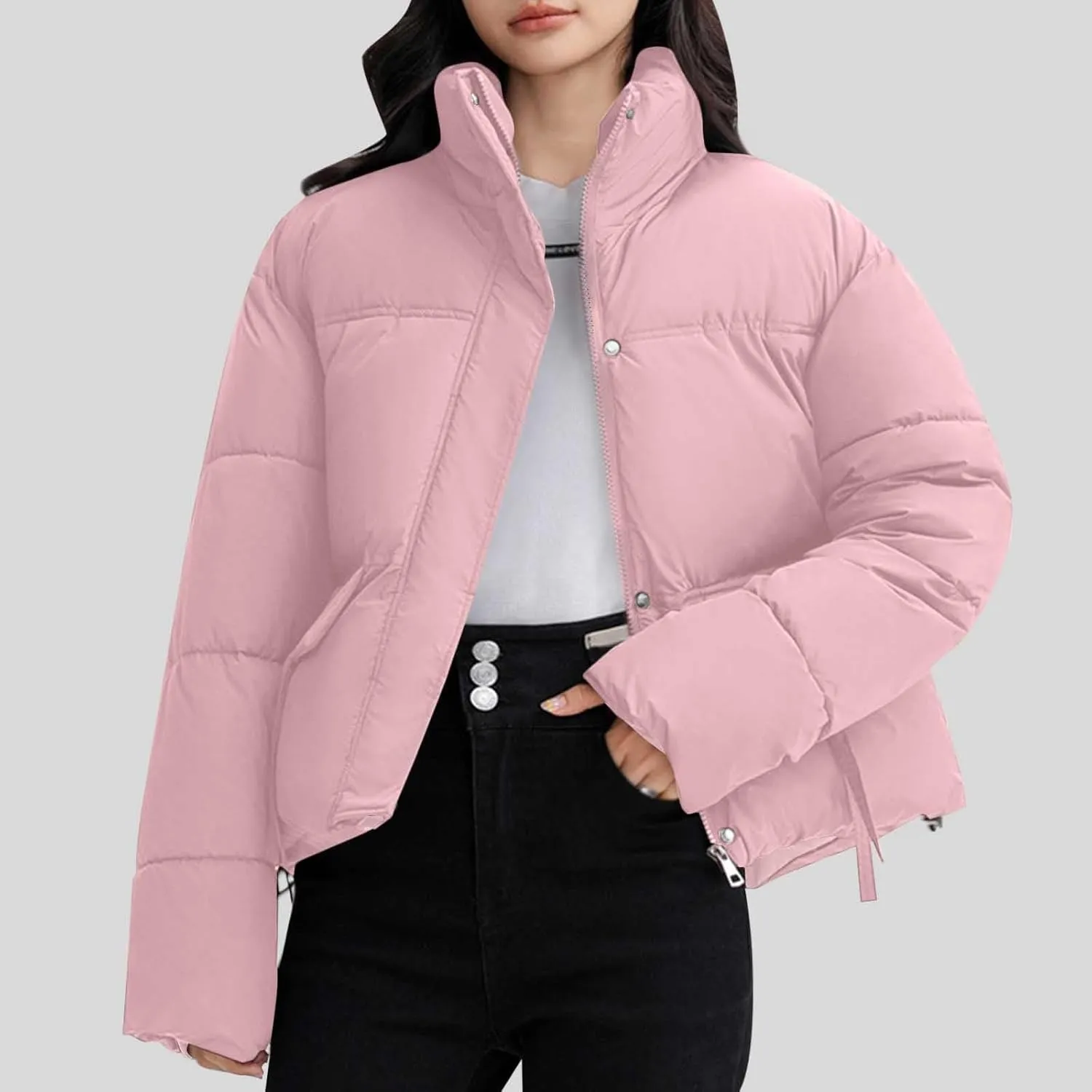 Women's Cropped Quilted Puffer Jackets Casual Baggy Long Sleeve Zipper Down Coat Winter Short Puffy Jacket Outwear