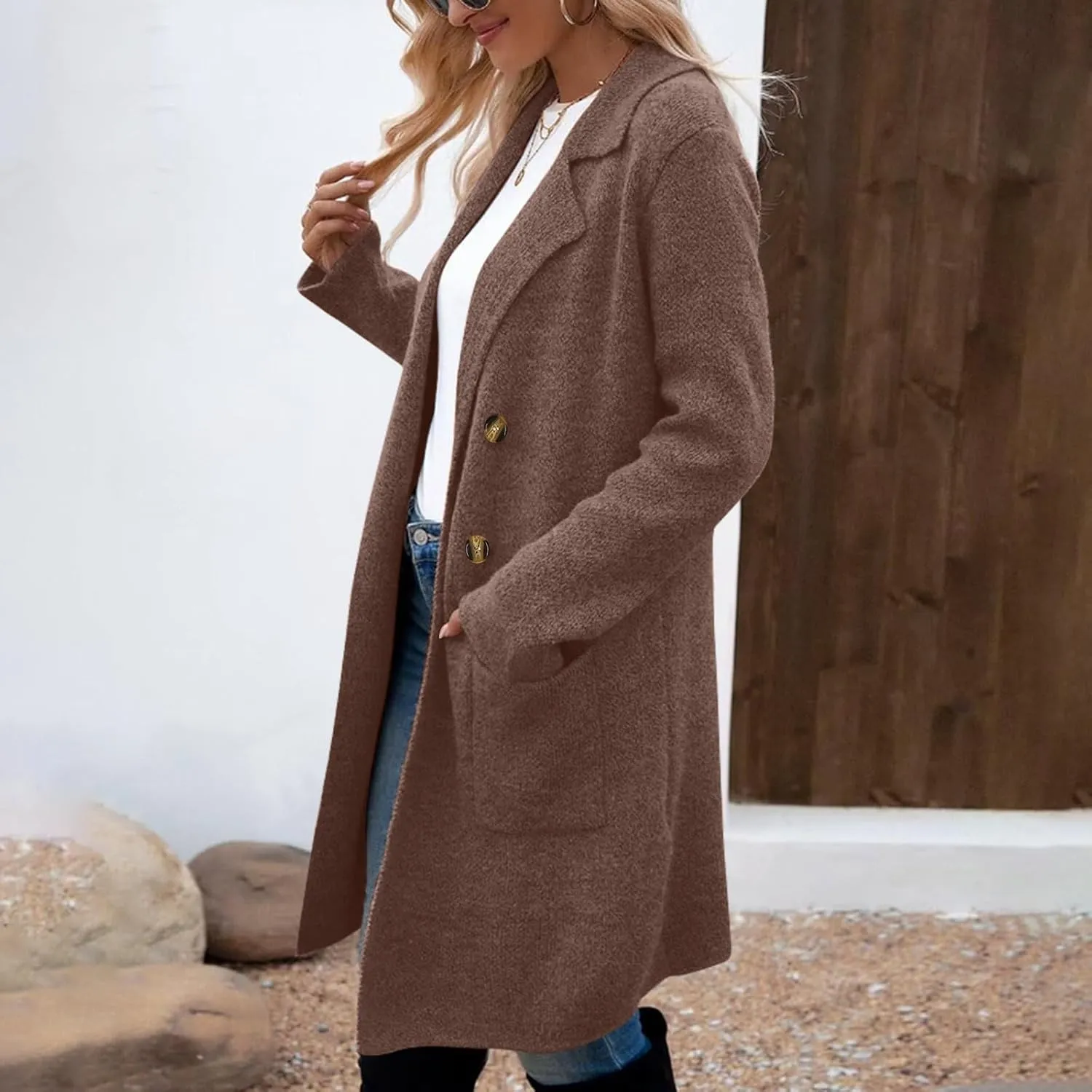 Women’s Double Breasted Mid Long Trench Coat 2024 Lapel Collar Pea Coats Winter Wool Coats with Pockets Outerwear