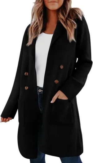 Women’s Double Breasted Mid Long Trench Coat 2024 Lapel Collar Pea Coats Winter Wool Coats with Pockets Outerwear