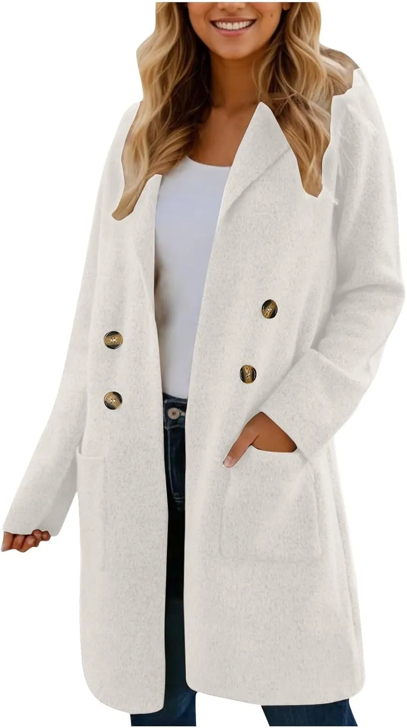 Women’s Double Breasted Mid Long Trench Coat 2024 Lapel Collar Pea Coats Winter Wool Coats with Pockets Outerwear