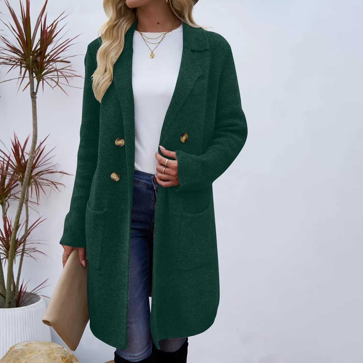 Women’s Double Breasted Mid Long Trench Coat 2024 Lapel Collar Pea Coats Winter Wool Coats with Pockets Outerwear